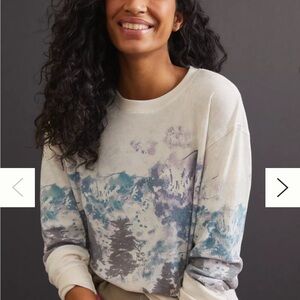 Anthropologie Cream Waffle Knit Top with Subtle Blue & Purple Floral Wash